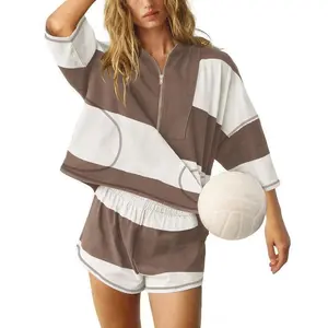 Women’s New Color Two-Piece Striped Set — Oversized Half-Sleeve Shirt and Shorts, Summer Casual Workout Wear, Matching Cropped PJ Set, Faux Fit, Flat Design