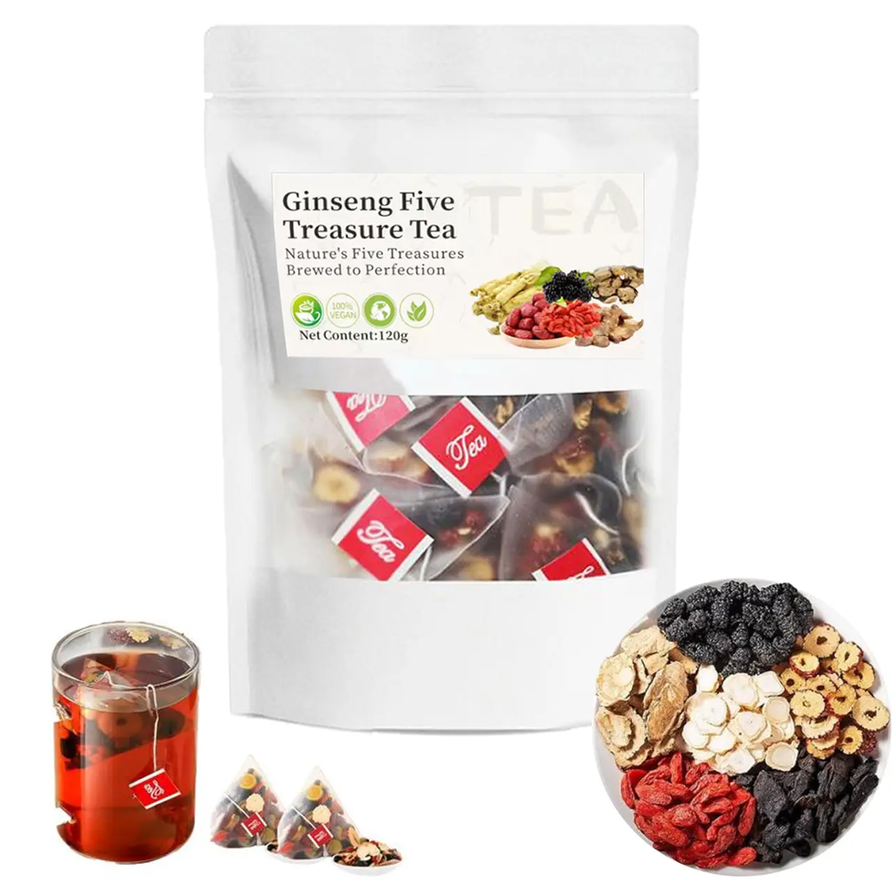 Kidney tea formula Ginseng Five Treasure TeaCombinationScented Tea Treasure Tea RedDate Wolfberry Tea Men'sTea Health TeaMulberry Herbal Formula Health Tea JX.Herbal Tea