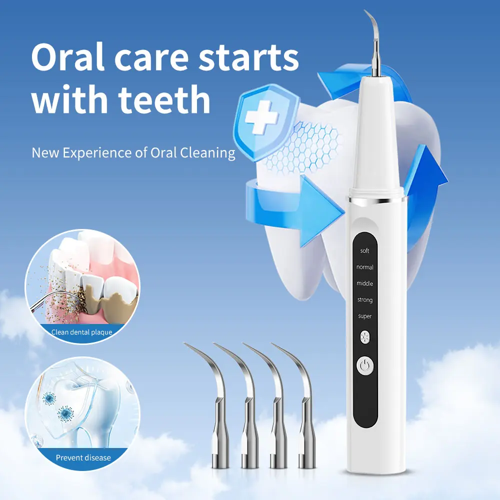 Oral Plaque Remover Dental Cleaner - Portable Oral Irrigator with 4 Replaceable Heads, LED Light, Waterproof, Rechargeable for Daily Home & Travel Cleansing