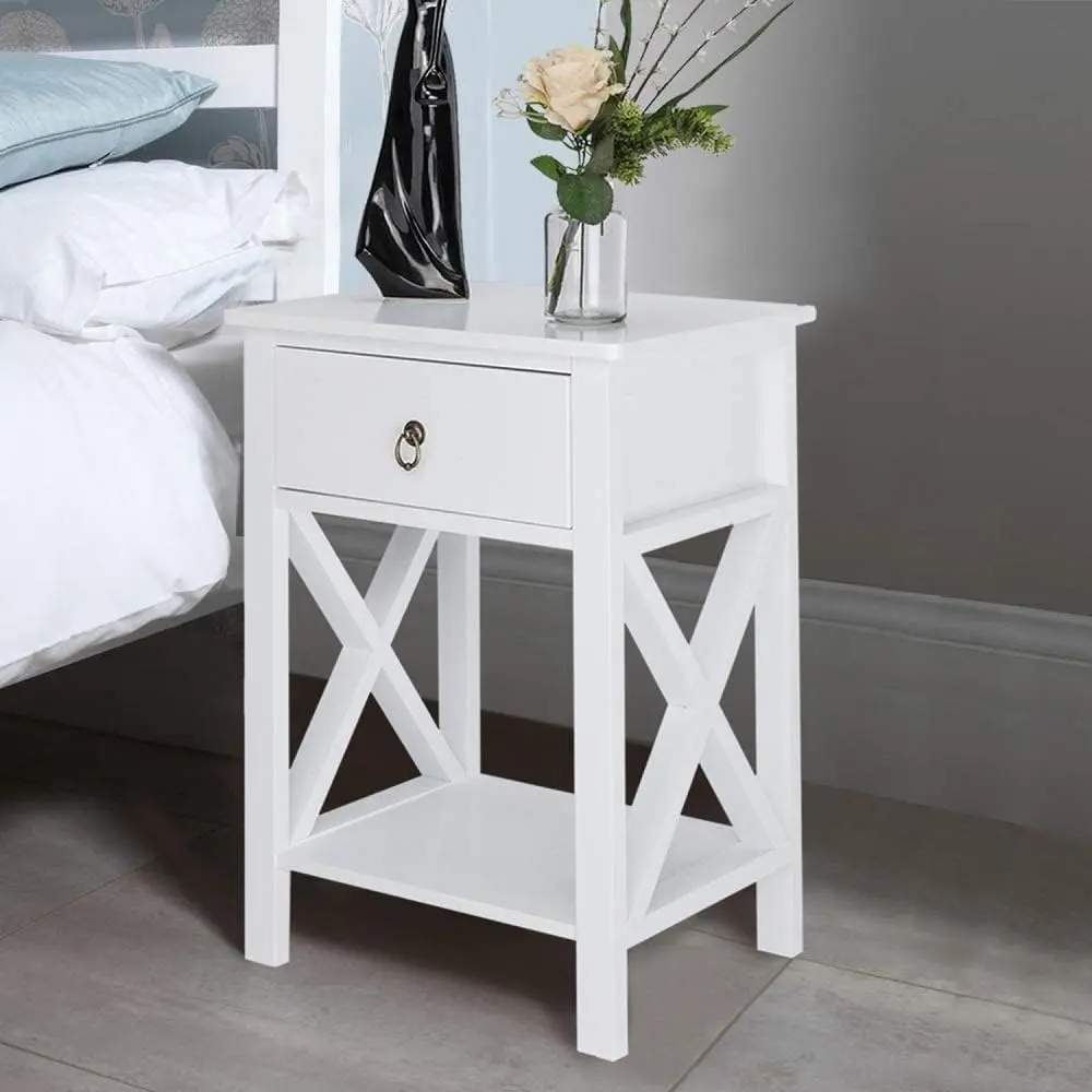 VINGLI White Farmhouse Nightstand with Drawer, Shelf and Rustic Handle - Bedroom Furniture Bedside End Table for Small Spaces, Dorm, Living Room Storage
