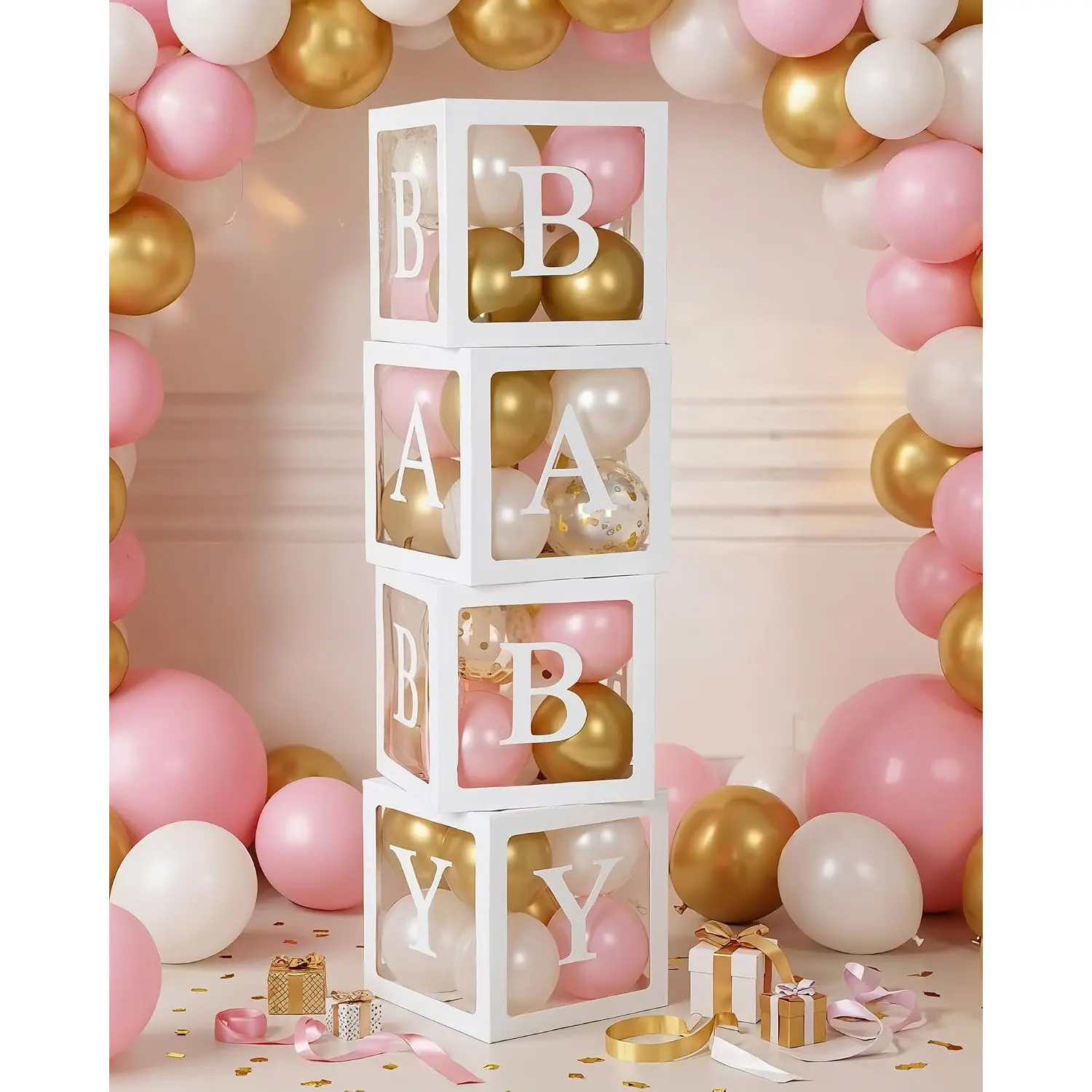 4 Pcs Balloon Boxes with Letters, Transparent Clear Balloon Boxes Gender Reveal Blocks Backdrop Decorations for Gender Reveal Favors Decor (White)