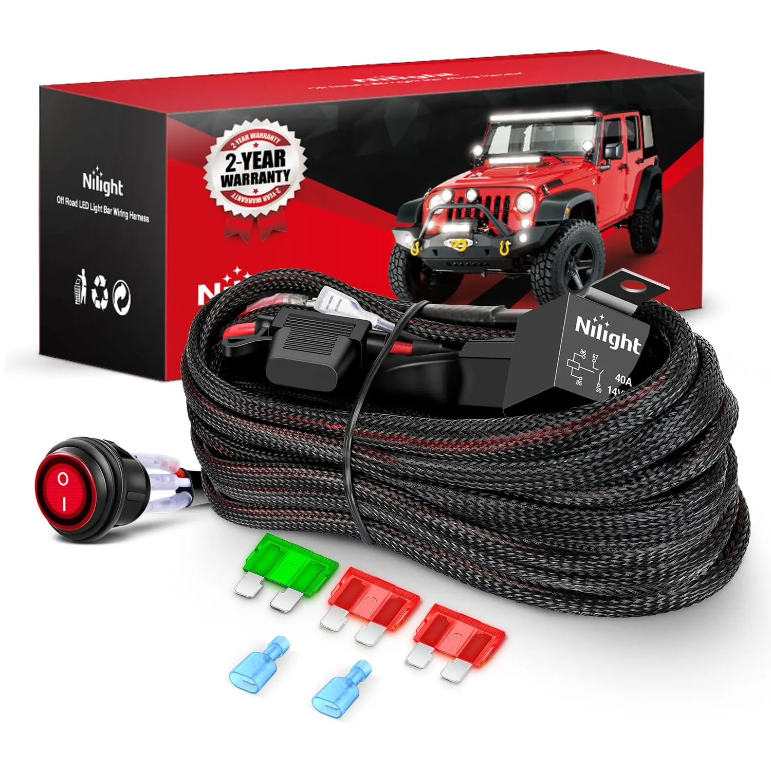 Nilight 12 AWG Nylon Automotive Tools Wiring Harness Kit - 1 Lead, 12V Power Rocker Switch, Power Relay, Blade Fuses, Water-Resistant Lid for LED Lighting, Off-Road Vehicles, Overload Protection