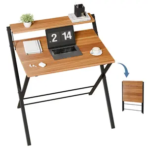 Folding Desk No Assembly Needed, 2-Tier Space Saving Laptop Desk with Shelf, Compact Computer Table for Apartment Dorm Home Office