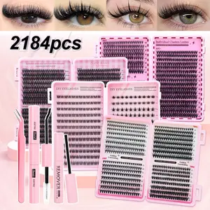 DIY eyelash extension kit, Wispy Lash Clusters, 2184 pieces, including glue, remover, tweezers, professional and beginner-friendly, easy to use at home
