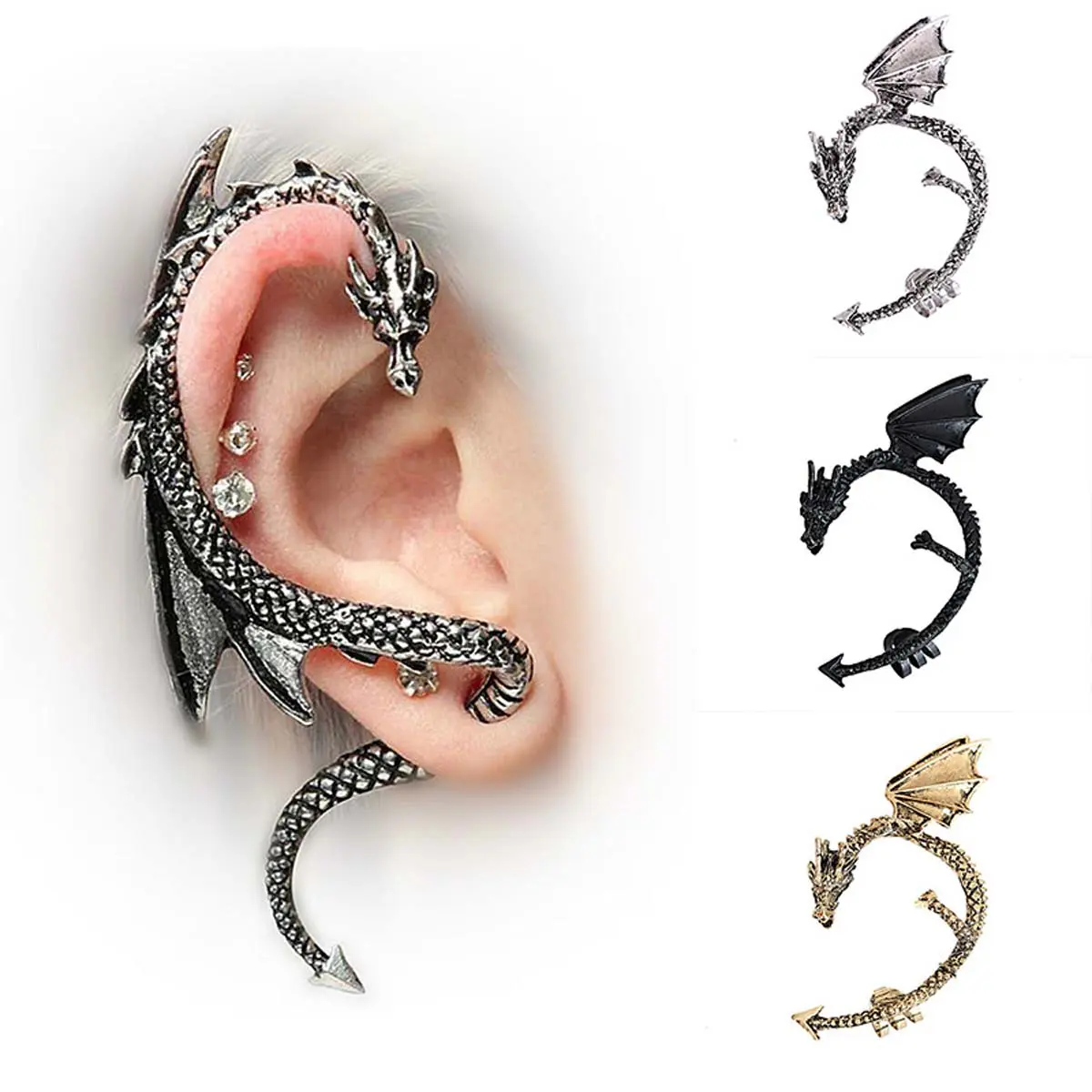 Dragon Ear Cuffs for Women, Gothic Punk Clip On Earrings, Adjustable Alloy Non-Piercing Jewelry for Fantasy Role Play, Womens Gifts, Ear Clips, Fake Piercings, Gothic Style, Aileen, Open Adjust Fit, Coiled Dragon, Concert Accessories, Alloy Metal, Witchy