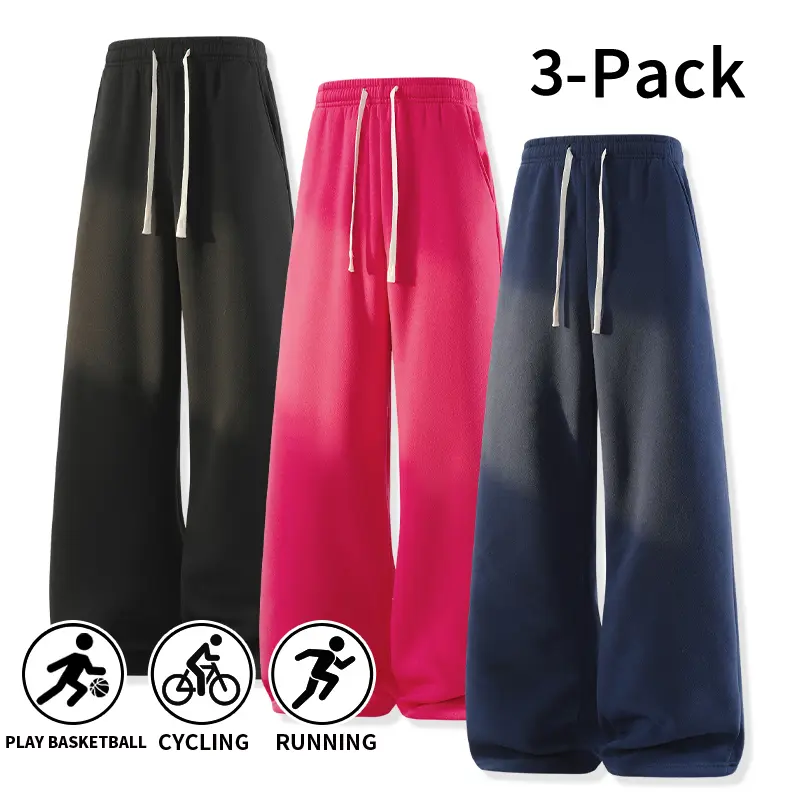 Men's Polyester Baggy Comfy Pants - 3-Pack or Single Pack Straight-Leg, American Street-Style Drawstring Plain Knit Athletic Pants for Running, Basketball