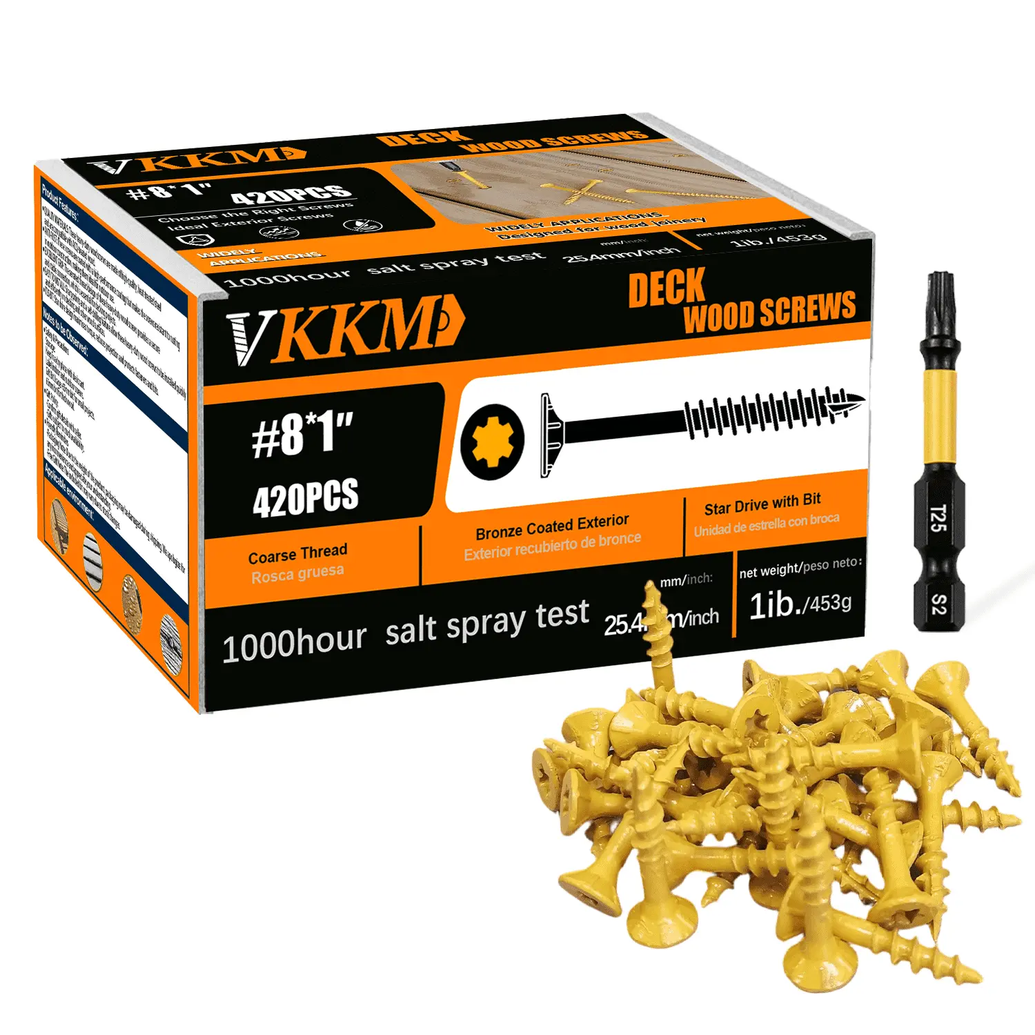 VKKM 420Pcs #8x1 Bronze Torx Wood Screws, Carbon Steel Anti-Oxidation Self Tapping Fasteners with T25 Bit for Indoor Furniture Cabinet Wood DIY