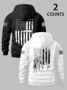 Men's Flag Pattern Hoodies Set, Casual Loose Long Sleeve Pullover, Comfortable Daily Wear, Perfect Fall & Winter Choice, Casual Print Hoodie