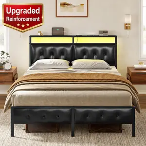 HAUSOURCE Bed Frame with Storage Headboard & Footboard Upholstered Platform Bed with LED Lights USB Ports & Outlets No Box Spring Needed（only bed frame）   Springtok Furniture Home Modern Design