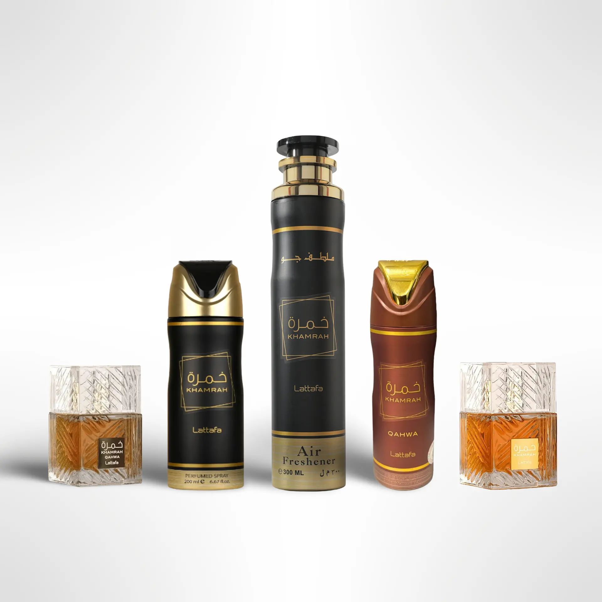 Lattafa Unisex Scented Fragrance Bundle - Khamrah Perfume, Qahwa Perfume, Deodorant, Air Freshener, Scented Spray - Giftable Beauty & Personal Care Item