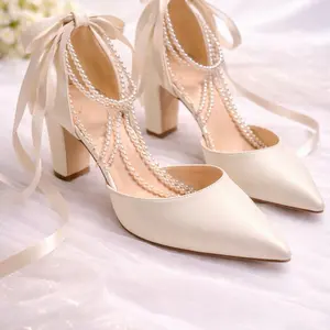 Elegant Beige Pearl Lace-Up Heels – Luxury Collection