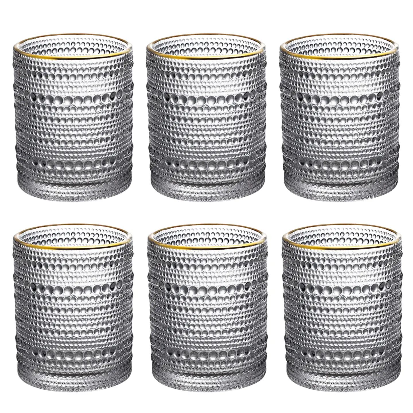 [Set of 6] 12 oz Golden Thick Hobnail Drinking Glasses,Clear Embossed Vintage Glassware Set for Beer,Cocktail,Soda,Beverages,Juice and Various Mixed D