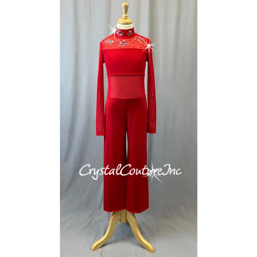 Red Wide Leg Jumpsuit with Mesh - Rhinestones