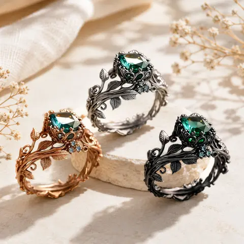 Decorative Nature-Inspired Patchwork Ancient Totem Ring with Green Crystal - Hand-Fabricated Witchcraft Aesthetic Tribal Grounding Healing Jewelry for Men, Spiritual Protection Piece