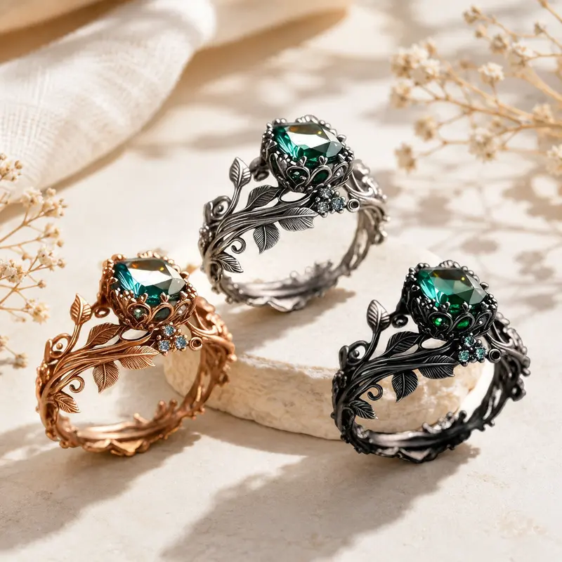 Decorative Nature-Inspired Patchwork Ancient Totem Ring with Green Crystal - Hand-Fabricated Witchcraft Aesthetic Tribal Grounding Healing Jewelry for Men, Spiritual Protection Piece