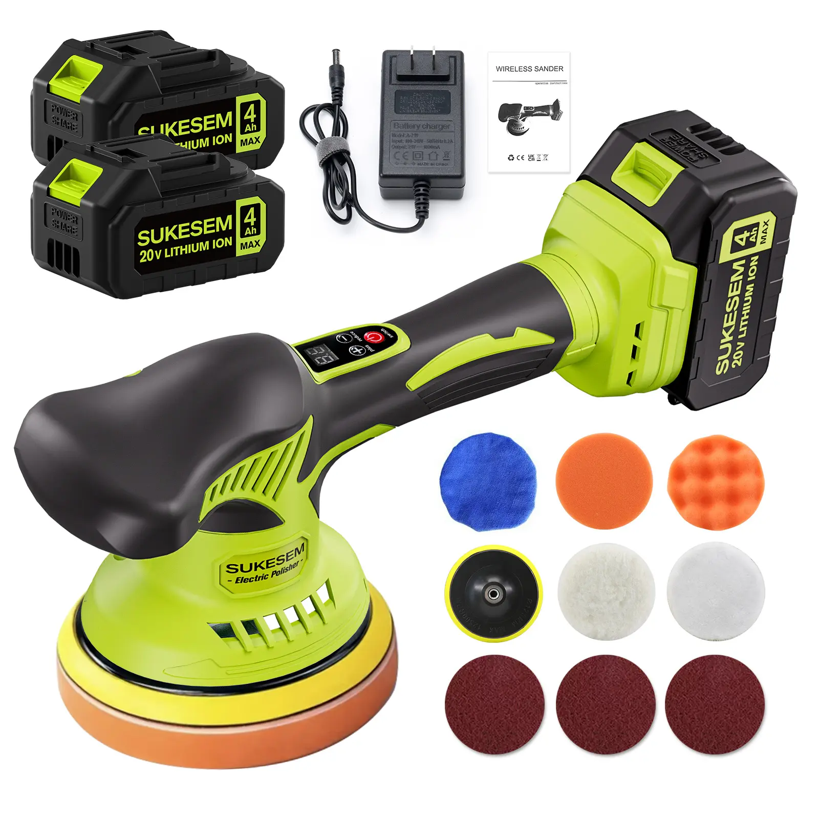 SUKESEM 20V Cordless Electric Polisher Kit - 8 Variable Speeds Automotive Power Tool with 4.0Ah Battery, Fast Charger, Cordless Polishing Brush Polishers for Auto Detailing, Waxing, Scratch Repair, Wax