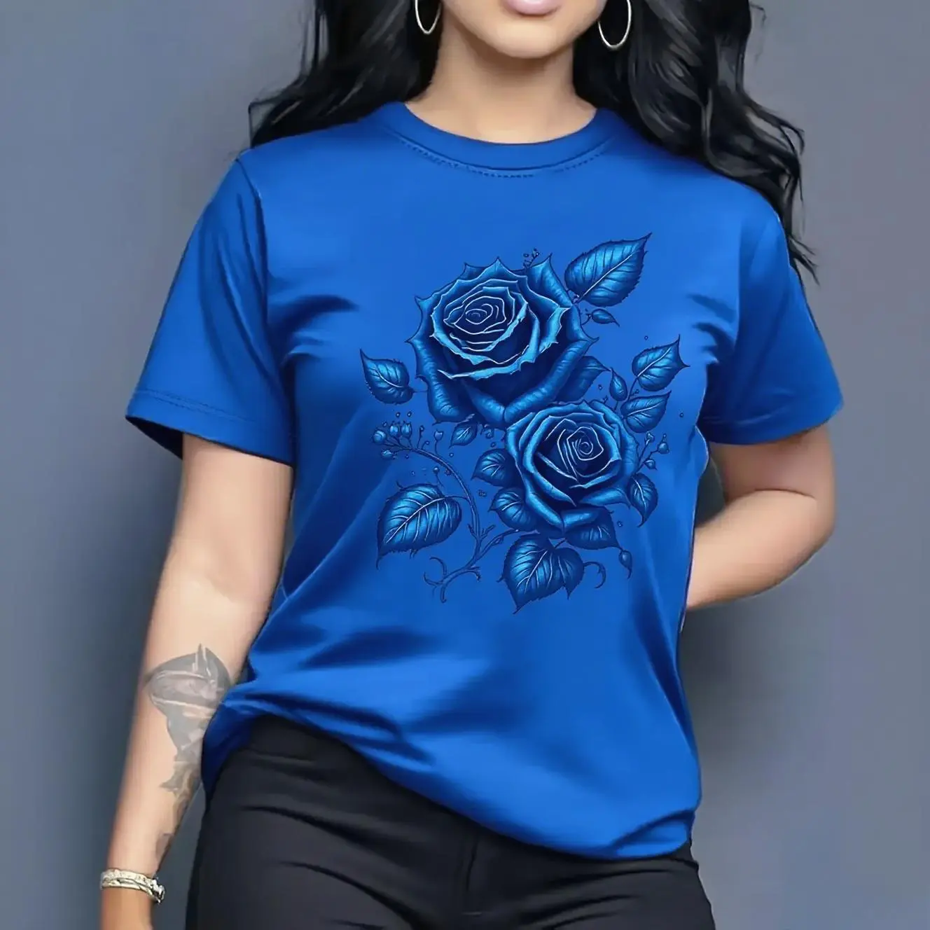 100% Cotton Women's Light Blue Yellow Rose Print Short Sleeve Round Neck T-Shirt - Medium Stretch Comfortable Fabric, Suitable for All Seasons, Machine Washable Breathable Casual Top, Loose Fashion Pattern Shirt, Must-Have for Trend Enthusiasts   Fit