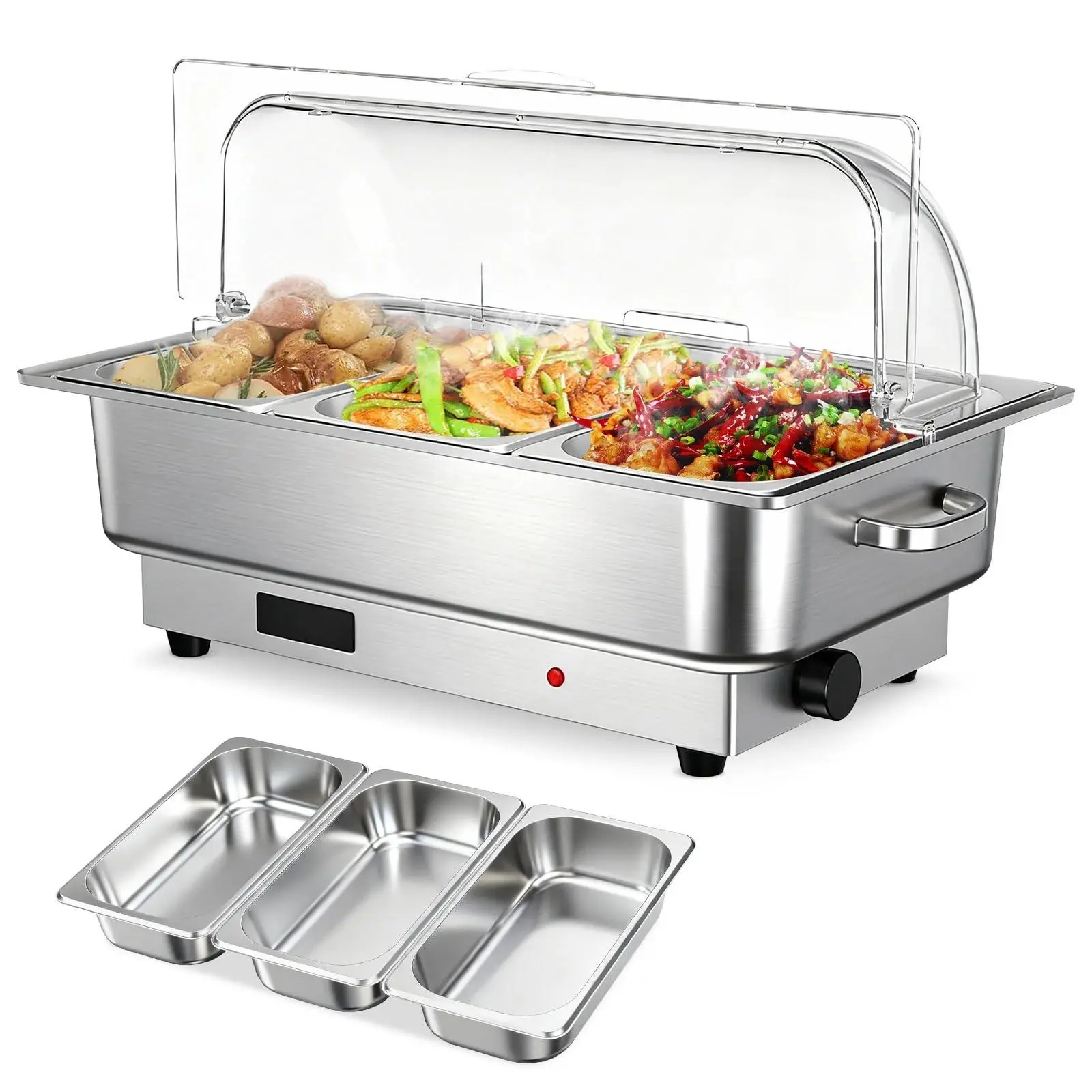 600W Power Electric Chafing Dish Buffet Party Set - 1 Main Unit with Heating Plate, 3x3 QT (9QT Total) Stainless Steel Compartment Food Pans, LED Display Temp Control, 1 Power Cord, Dishwasher-Safe Trays, Low Energy for Restaurants, Weddings