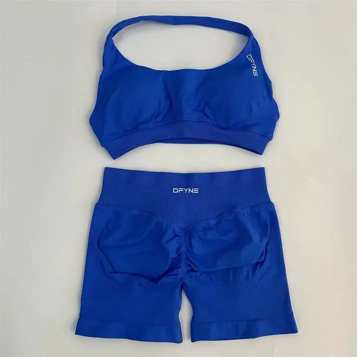Women's 2-Piece High Performance Sportswear Set - Solid Blue Matching Sports Bra, High-Waisted Workout Shorts, Activewear Yoga Fitness Outfit, Fitness Suit, Athletic Clothing Set