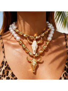 Bold Western Cowboy Style Alloy Baroque Faux Pearl Beaded Cow Head Necklace, Women's Party Festival Accessory Gift