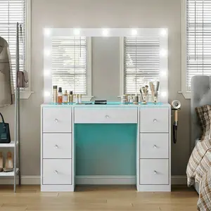 Vanity with Power Outlet and 11 Lights, Mirrored Dressing Table with 7 Drawers, Suitable for Bedrooms and Dressing Rooms, White Finish Makeup Dresser Makeup Storage Desk