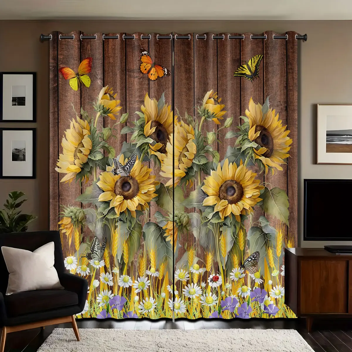Sunflower Window Curtain for Living Room, Rustic Wood Country Wooden Decor ,Rustic Flowers Butterfly Theme Blackout Grommet Window Drapes for Bedroom Kitchen Home Decor-2panels