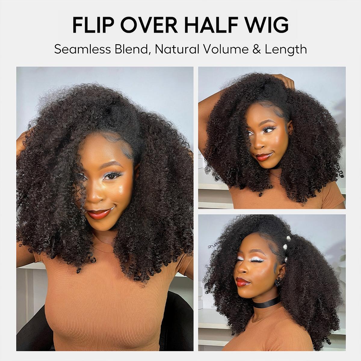 【New Arrival】Afro Kinky Curly Half Wig Flip Over Wear Go Glueless Wig Salon Quality 200 Density 100% Human Hair Drawstring Wig for Beginners #TikTokShopBackToSchool Hair Clip Set