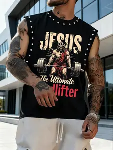 Unisex Sleeveless Vest Tops with Rivets, Fun Jesus Weightlifting Print, Casual Fitted Long Tank Top, Muscle Tank Top, Streetwear Style for All Seasons
