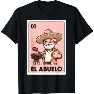 Men's Cotton Short-Sleeve T-Shirt, El Abuelo Grilling Grandpa Mexican Bingo Card Design, Unisex Classic Streetwear Casual Top, All-Season Use Cotton Material