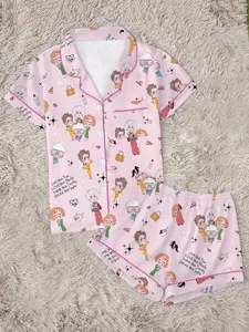 Golden Girls Classic Role Printed Lapel Short Sleeve Shorts Fitted Pajama Set, Comfortable Wearable Party Gift Homewear, All Seasons Casual Style