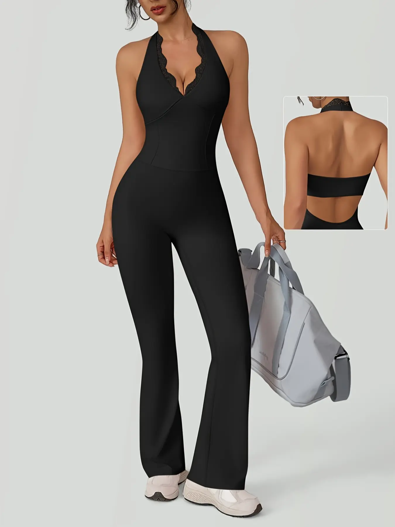 Women Lace V Halter Neck Yoga Flare Jumpsuits Sleeveless Sexy Backless Hollow Out Bodycon Yoga Rompers Seamless Workout Outfit Unitard One Piece for Sports Gym Dailywear All Seasons