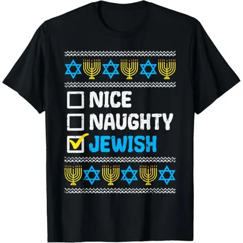 100% Cotton Nice Naughty Jewish Ugly Hanukkah Sweater Chanukah Jew Gift Short Sleeve T-Shirt