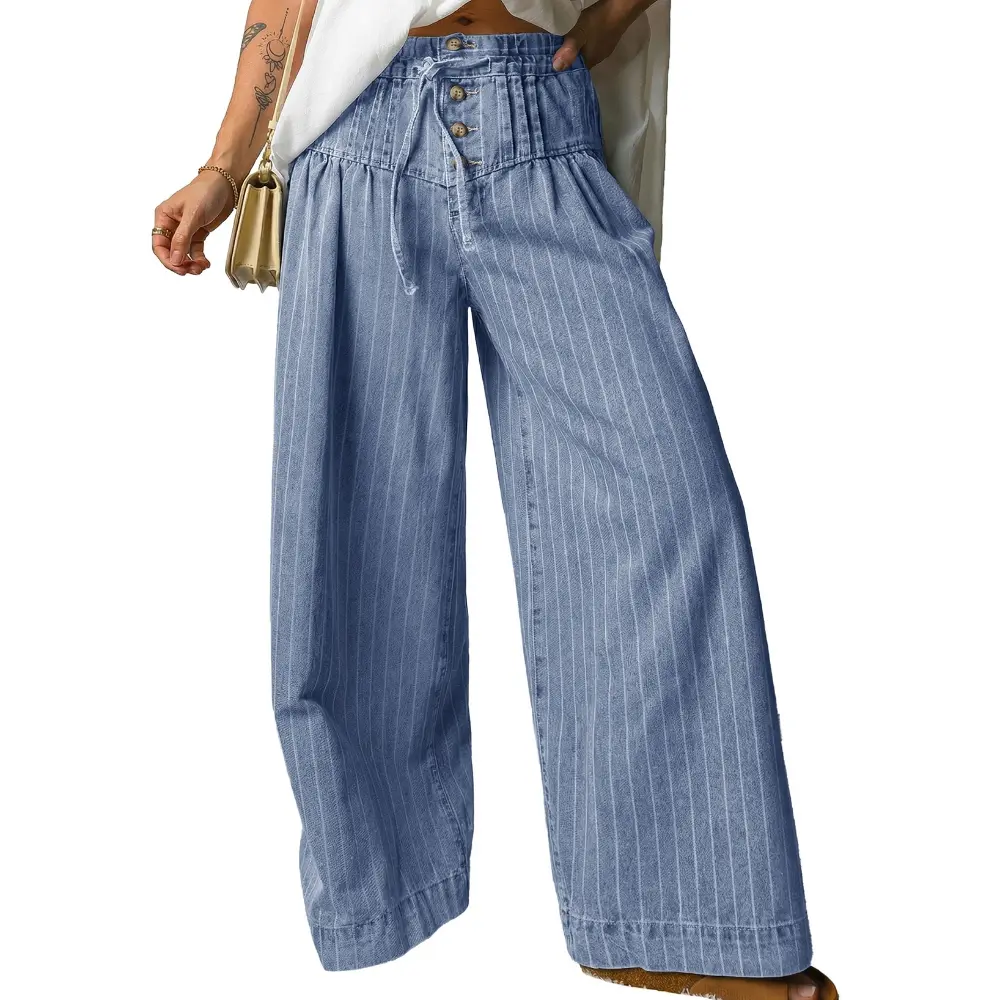 Dokotoo Women's Wide Leg Baggy Jeans Drawstring Striped Button Denim Pants 2026 Fall Winter Loose Fit Casual Pants Straight Leg Baggy Jeans With Pockets Work Daliy Outfits Fashion Clothing