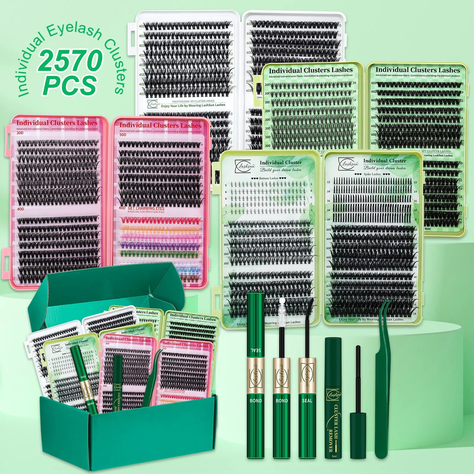 Lashsun 2570 PCS Cluster Eyelashes Set D Curl, Beginner Friendly Eyelashes, 10 Styles Puff Lash Clusters Colored/Bottom/Spike/Wispy Lashes, Kit with Bond&Seal Lash Remover Lash Applicator, Beginners&Proficient, DIY Easily, Apply for Makeup Daily