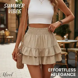 Mirel Women's Frill Trim Ruffle Hem Shirred High Waist Shorts Boho Casual Tiered Layer for Spring Summer Fitted Cotton Bottoms Everyday Wear