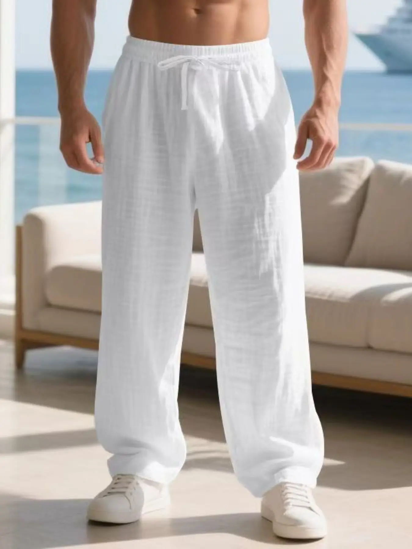 men's solid color linen casual trousers, Casual Comfy Trousers, loose and breathable straight-leg pants, vacation-style drawstring waist-tightening pants, comfortable and versatile for spring and summer