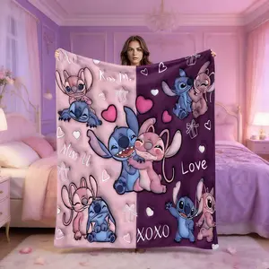 Stitch Angel Patchwork Couple Nap Blanket, Creative Digital Print Flannel, Holiday Gift Throw, Multi-Purpose Outdoor Travel Rug, Slogan Print Blanket