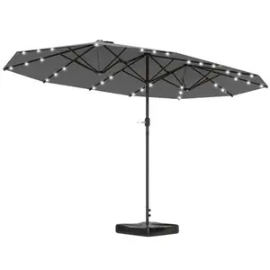 Outsunny Double-Sided Sun Umbrella, Outdoor Garden Parasol, Patio Sun Shade with LED Solar Light, Sand Base, Gray