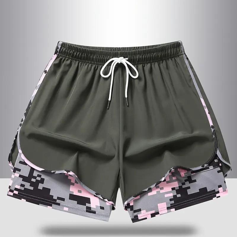 Women's 2-in-1 Athletic Shorts with Built-in Liner Adjustable Elastic Waistband Breathable Soft Fabric Camo Accent Convenient Pockets Light Purple