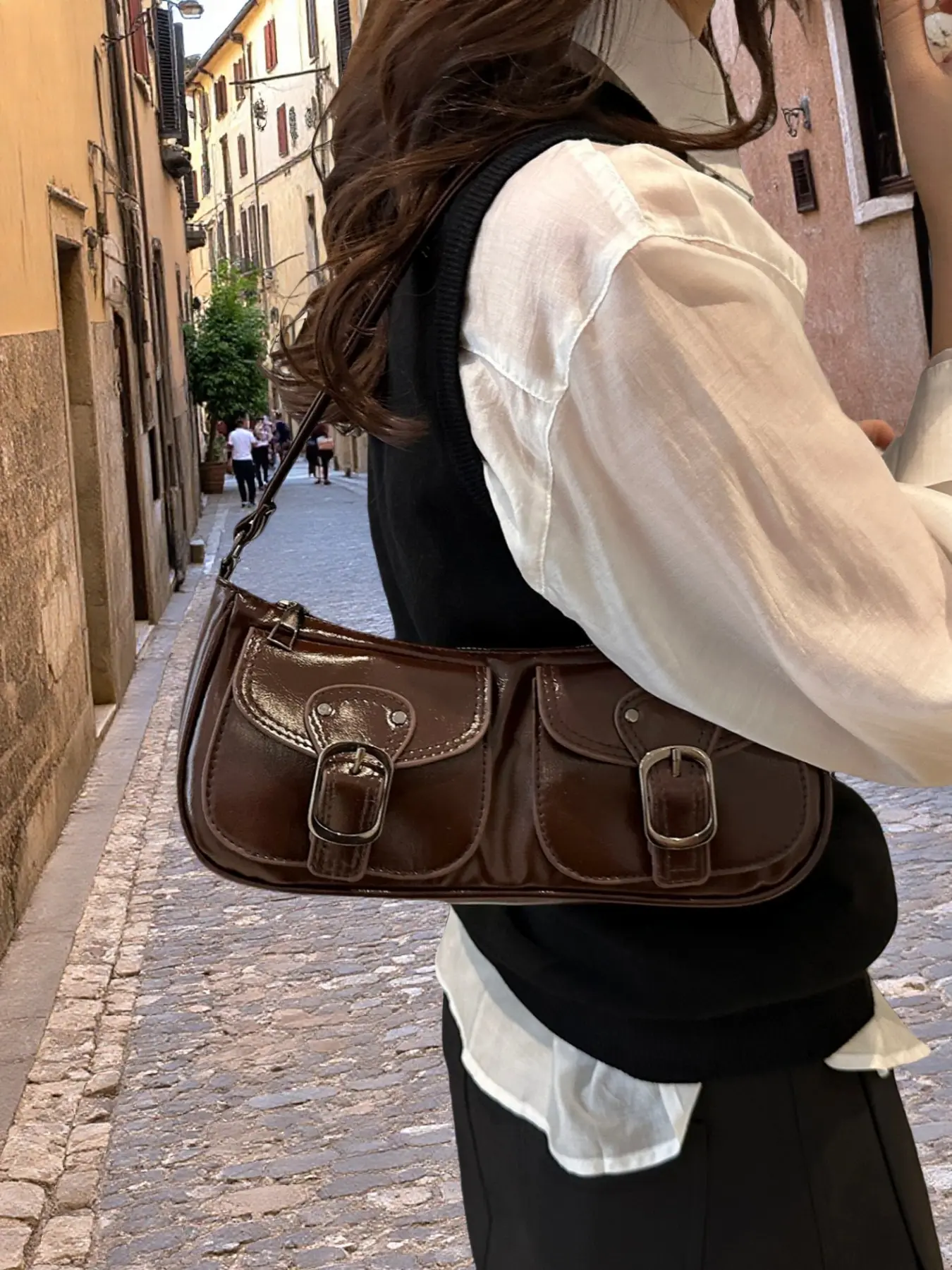 Y2K Patent Leather Baguette Bag for Women, Retro Double Buckle Pocket Shoulder Bag with Glossy Finish, Versatile for Casual & Party, Multiple Color Options, Fashion Purses, Fashionable Bags, Crossbody Shoulder Bags
