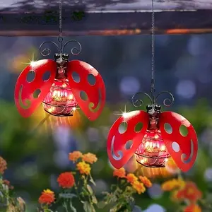 Insect Metal Pendant Lights Set of 2, Outdoor Garden Yard Lighting Solar Statue Lamp, Ladybug Shape Decorative Light, Easy Installation, Solar Metal Lanterns