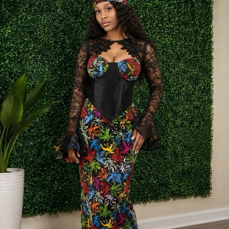 Women's Ankara Dress - Lace Long Sleeves, Colorful Leaf Print, Elegant Casual Wear Day Piece Lightweight Outerwear for Stylish Outfits, Long Sleeve, Multicolor
