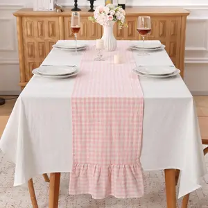 Blush White Plaid Gingham Ruffle Table Runner 90 inches Long 100% Washed Cotton Decorative Farmhouse Cabinet Cover (Blush, 90"x13")