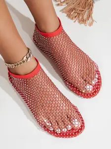 Summer New Round Toe Flat Shoes, Large Size, Rhinestone Embellished, Tie-Strap Sandals, Casual Mesh Fabric, Hollow Out Design, Rubber Sole, Medium Width, Fashionable Flat Sandals, Breathable