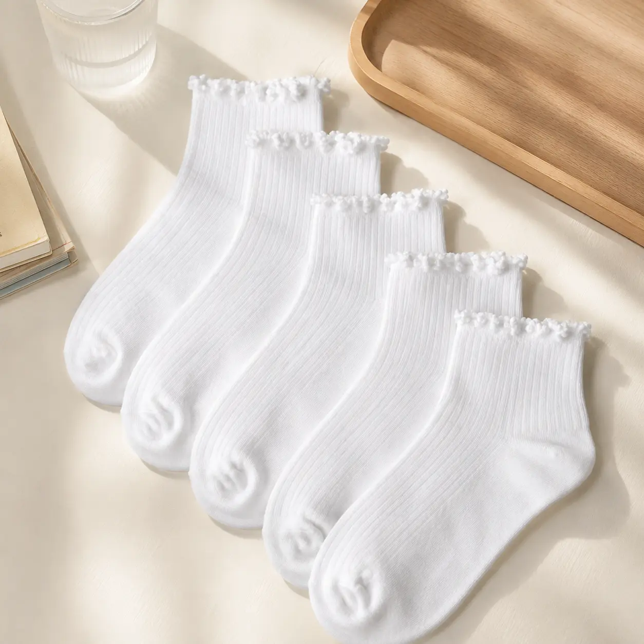 5 Pairs Womens Quarter Socks White Ruffle Socks Cute Candy Trim Ribbed Breathable Soft Comfortable Polyester Socks for Women Casual Everyday Wear Walking Sneakers