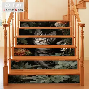 Removable Self-Adhesive Vinyl Staircase Decals, Easy Peel & Stick, Cat Pattern, 39.37x7.09 Inches, 6 Steps, Suitable for Kitchen Bathroom Walls