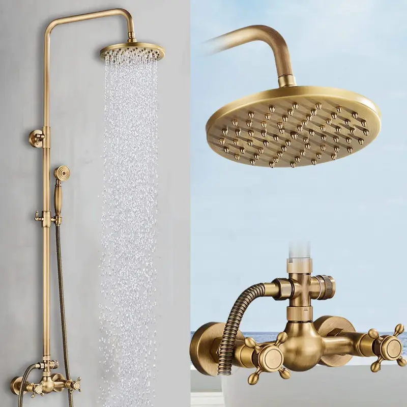 Antique Brass Bathroom Shower Faucet, 8 Inch Round Rainfall Shower Head Double Cross Handle, Wall Mounted Bathroom 2 Function Shower Fixture, Exposed Shower Set, Outdoor Shower System