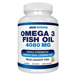 Arazo Nutrition Wild Caught Omega 3 Fish Oil – 60 Soft Gels – 4,080mg High EPA 1200mg DHA 900mg Lemon Flavor Burpless Softgels