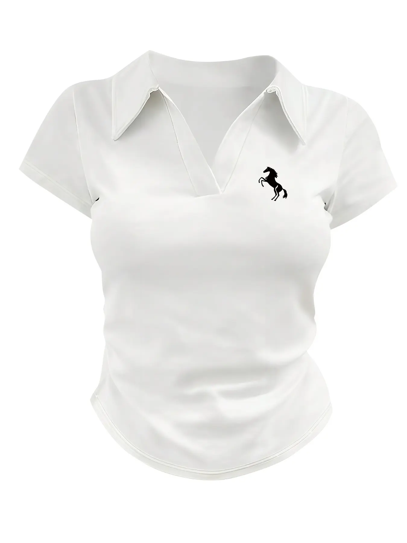 Women's Polo Shirt, Short Sleeve, Slim Fit, Horse Print, Elastic Fabric, Collar Design, Summer Wear, Collared Polo Shirts, Casual Polo Shirts, Casual Polo Top, Fashionable Women's Clothing