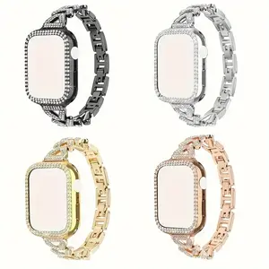 for Apple Ultra/Ultra2/Ultra3/11/10/9/8/7/6/5/4/3/2/1/SE Spikes with Rhinestone Alloy Strap + Double Row Rhinestone Case 38/40/41/42/44/45/46/49mm